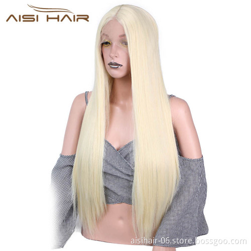 Aisi Hair Long Silky Straight Blonde Wig Heat Synthetic Resistant Fiber Lace Front Wig Middle Part Lace Frontal Wigs For Women